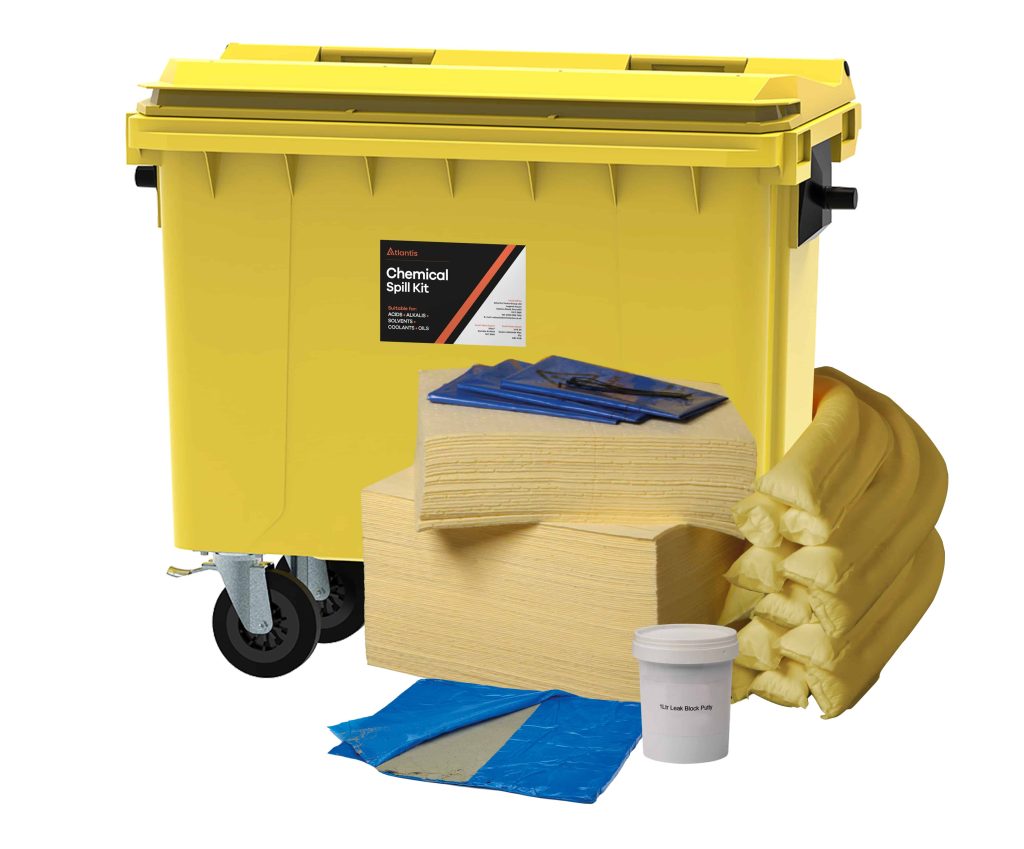 Chemical Absorbent Spill Kit 400 Litre 4 Wheeled Bin with Drain Cover