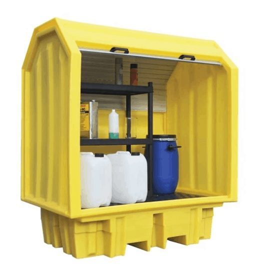 Hard Covered 2 Drum Bund Pallet (with lockable roller shutter door & shelf unit)